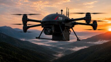 The EKOLOT Aerospace ZEUS PHOENIX PX-100 hybrid multi-rotor VTOL UAV hovering above a misty mountain valley at sunset, equipped with a nose-mounted EO/IR gimbal and an under-fuselage cargo box for touchless payload delivery.