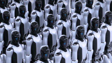 Rows of humanoid combat robots stand in formation, featuring white armored bodies and black visors with blue digital displays, resembling a mass-produced autonomous fleet