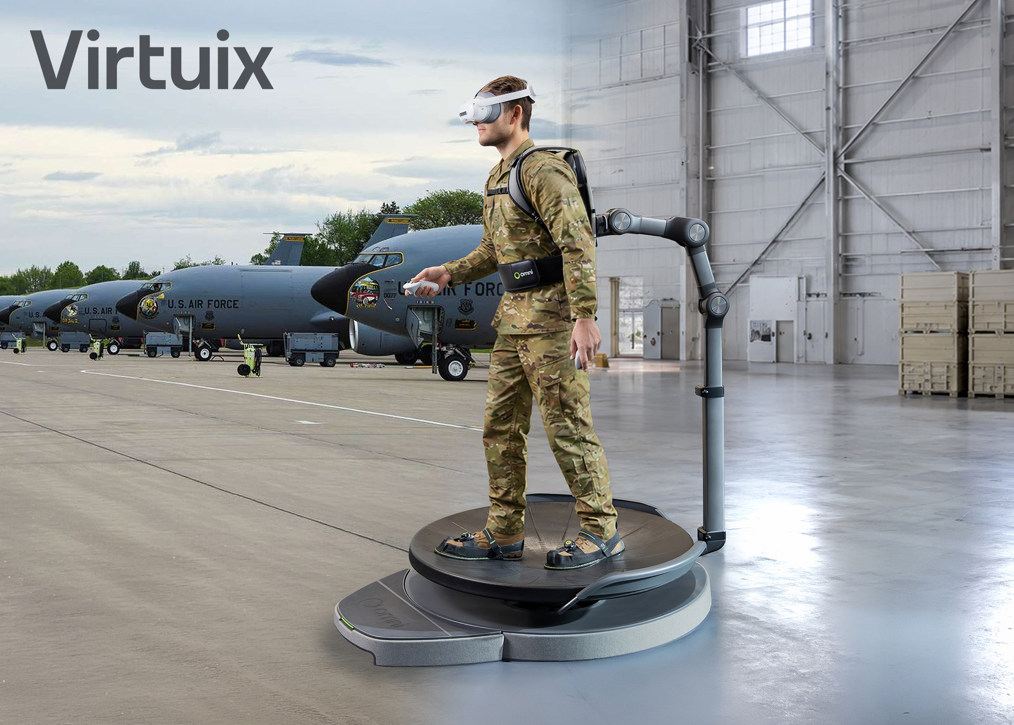 Virtuix’s Omni One full-body virtual reality system, which combines AI-enabled training scenarios with immersive movement for military readiness. Image: Virtuix