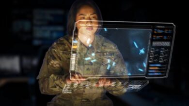 A soldier interacts with a digital command-and-control interface representing Northrop Grumman’s vision for the Integrated Battle Command System. Image: Northrop Grumman