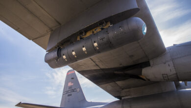 A 189th Airlift Wing C-130H is mounted with a Northrop Grumman LITENING pod targeting system as part of an Air National Guard Air Force Reserve Test Center program to develop a highly-accurate air drop and reconnaissance system. The Arkansas Air National Guard unit has been tapped as a test bed and has sent aircraft, aircrews and maintainers to Arizona for the test program.