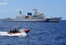 A U.S. Coast Guard small boat moves alongside the Japan Coast Guard patrol vessel Mizuho during an exercise off Guam, June 7, 2022. The U.S. Coast Guard and Japan Coast Guard completed the joint counter-narcotics exercise SAPPHIRE which stands for Solid Alliance for Peace and Prosperity with Humanity and Integrity on the Rule-of-Law Based Engagement 2022. (U.S. Coast Guard photo courtesy of U.S. Coast Guard Forces Micronesia/Sector Guam)