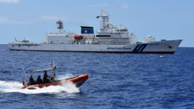 A U.S. Coast Guard small boat moves alongside the Japan Coast Guard patrol vessel Mizuho during an exercise off Guam, June 7, 2022. The U.S. Coast Guard and Japan Coast Guard completed the joint counter-narcotics exercise SAPPHIRE which stands for Solid Alliance for Peace and Prosperity with Humanity and Integrity on the Rule-of-Law Based Engagement 2022. (U.S. Coast Guard photo courtesy of U.S. Coast Guard Forces Micronesia/Sector Guam)