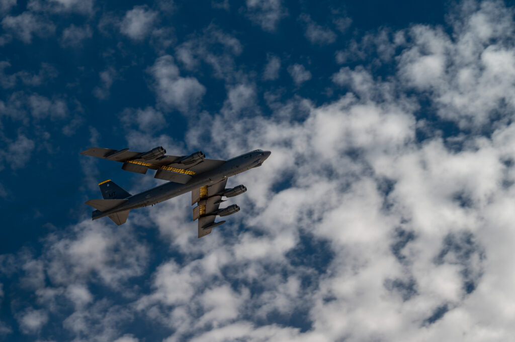 A U.S. Air Force B-52 Stratofortress assigned to the 5th Bomb Wing at Minot Air Force Base, North Dakota, takes off on a mission in support of Red Flag Nellis 25-2 from Nellis Air Force Base, Nevada, March 17, 2025. Red Flag emphasizes the crucial role of assembling a more flexible and combat-ready force by providing aircrews with multiple, intensive air combat sorties in a safe training environment. (U.S. Air Force photo by Airman 1st Class Jennifer Nesbitt)