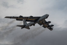 A U.S. Air Force B-52 Stratofortress assigned to the 340th Weapons Squadron, Barksdale Air Force Base (AFB), Louisiana, takes off during a U.S. Air Force Weapons School Integration (WSINT) exercise at Nellis AFB, Nev., Nov. 18, 2025. Conducted twice a year, the integration event tests multi-domain operations and strengthens joint force interoperability, enhancing combat readiness across the spectrum of military operations over the Nevada Test and Training Range. (U.S. Air Force photo by William R. Lewis)