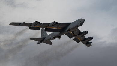 A U.S. Air Force B-52 Stratofortress assigned to the 340th Weapons Squadron, Barksdale Air Force Base (AFB), Louisiana, takes off during a U.S. Air Force Weapons School Integration (WSINT) exercise at Nellis AFB, Nev., Nov. 18, 2025. Conducted twice a year, the integration event tests multi-domain operations and strengthens joint force interoperability, enhancing combat readiness across the spectrum of military operations over the Nevada Test and Training Range. (U.S. Air Force photo by William R. Lewis)