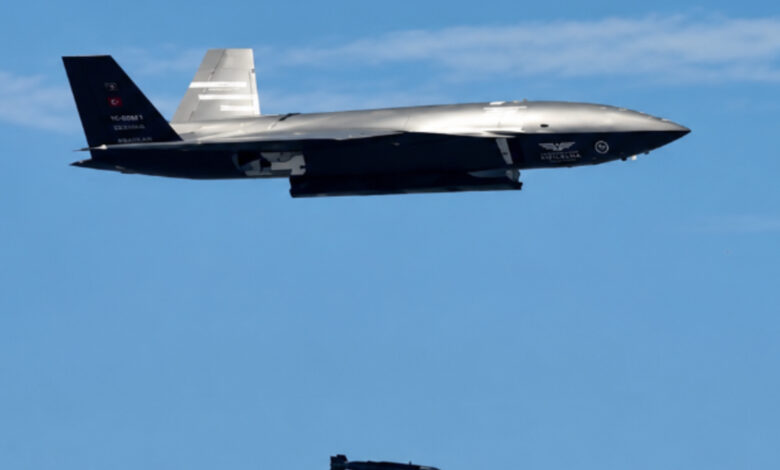 Kizilelma unmanned combat aircraft fires a guided bomb from its internal bay. Photo: Baykar