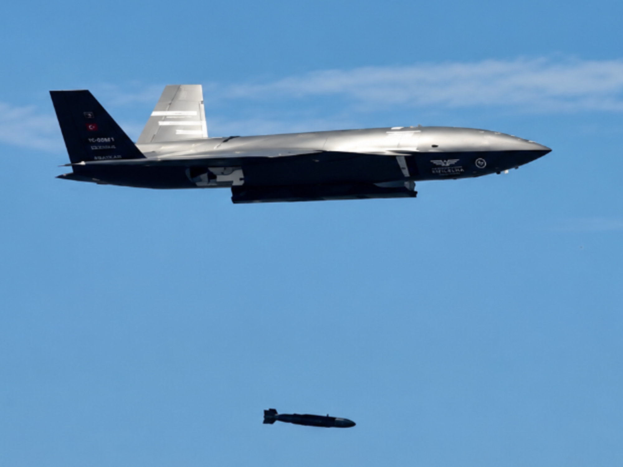 Kizilelma unmanned combat aircraft fires a guided bomb from its internal bay. Photo: Baykar