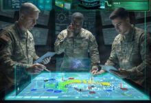 Illustration of US Army soldiers using the AI-supported COA-GPT battlefield planning system during collaborative mission planning. Image: Evan Jensen with AI elements
