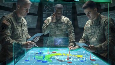 Illustration of US Army soldiers using the AI-supported COA-GPT battlefield planning system during collaborative mission planning. Image: Evan Jensen with AI elements