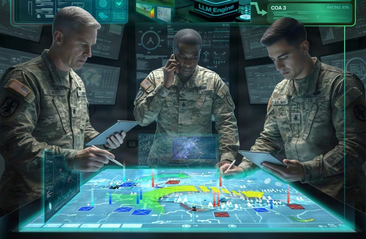 Illustration of US Army soldiers using the AI-supported COA-GPT battlefield planning system during collaborative mission planning. Image: Evan Jensen with AI elements